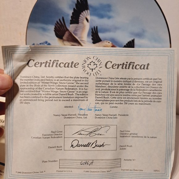 Winter Wings :Snow Geese Darrell Bush Bradford Exchange Plate Certificate 1990 - Picture 5 of 9